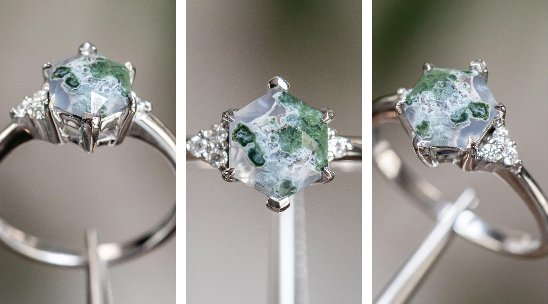 HEXAGON MOSS AGATE RINGS WITH DIAMOND SIDE STONES IN 14K WHITE GOLD
