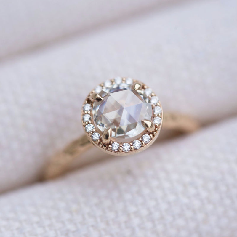 Rosecut Moissanite in Yellow Gold Diamond Halo - Hand Carved Eclectic ...