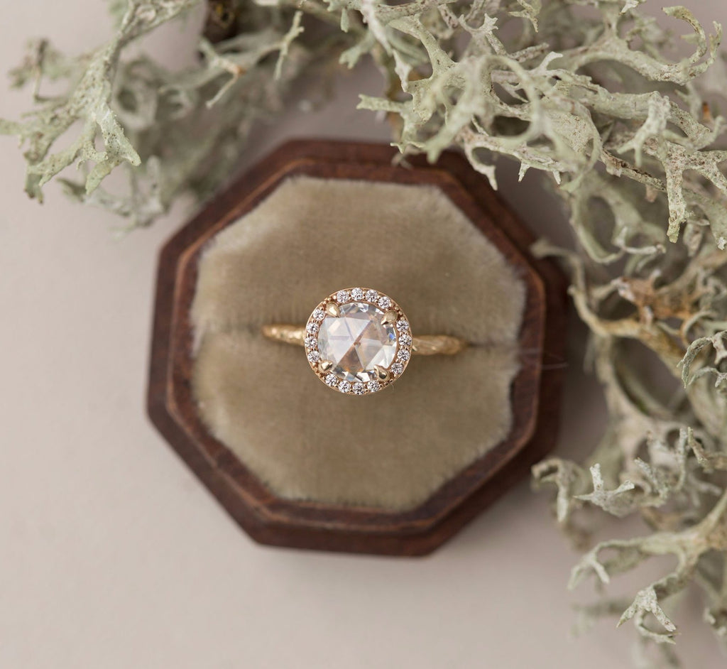 Rosecut Moissanite in Yellow Gold Diamond Halo - Hand Carved Eclectic ...