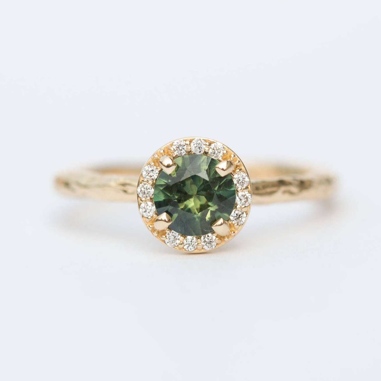 Diamond and Green Sapphire Engagement Ring in Hand Carved Recycled Yel ...