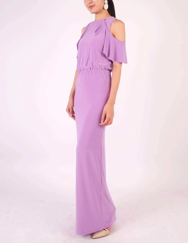 purple cold shoulder maxi dress