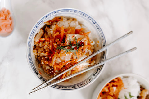 kimchi rice bowl with chop sticks