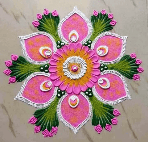 Lotus Rangoli art design created using vibrant colours
