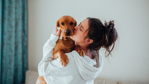 A female dog owner kissing her dog that is staring at the camera