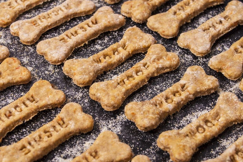 A tray of dog biscuits baking