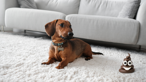 A dacshund looking at a poop emoji