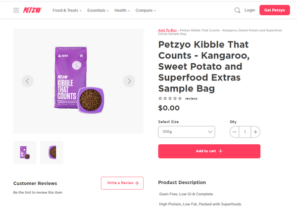 The add-to-cart page for Petzyo’s dry dog food sample
