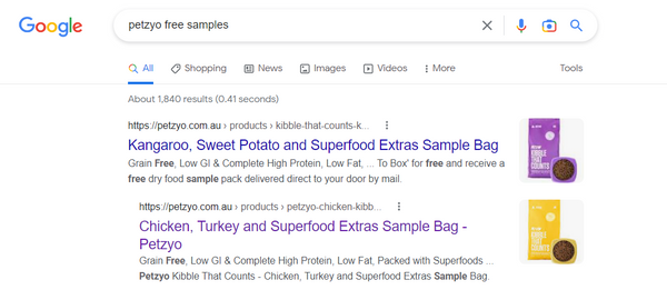 A Google search showing Petzyo’s free samples links