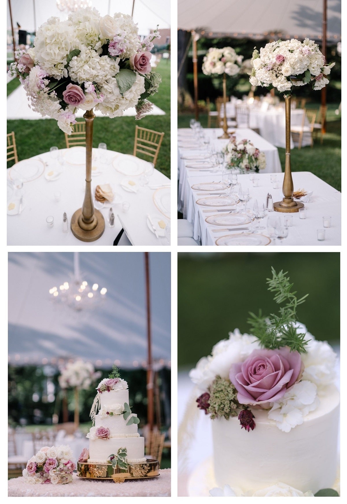 A collage of lavender/white elevated centerpieces, and a close up on the wedding cake with florals.