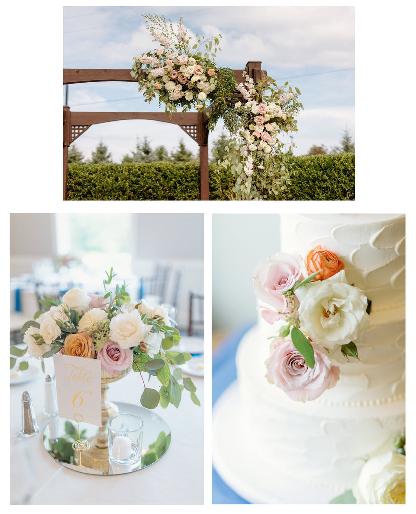 Photos showing a close up on the arch florals, a centerpiece in a gold compote on a mirror charger, and close up on the cake florals - highlighting the pastel colors.