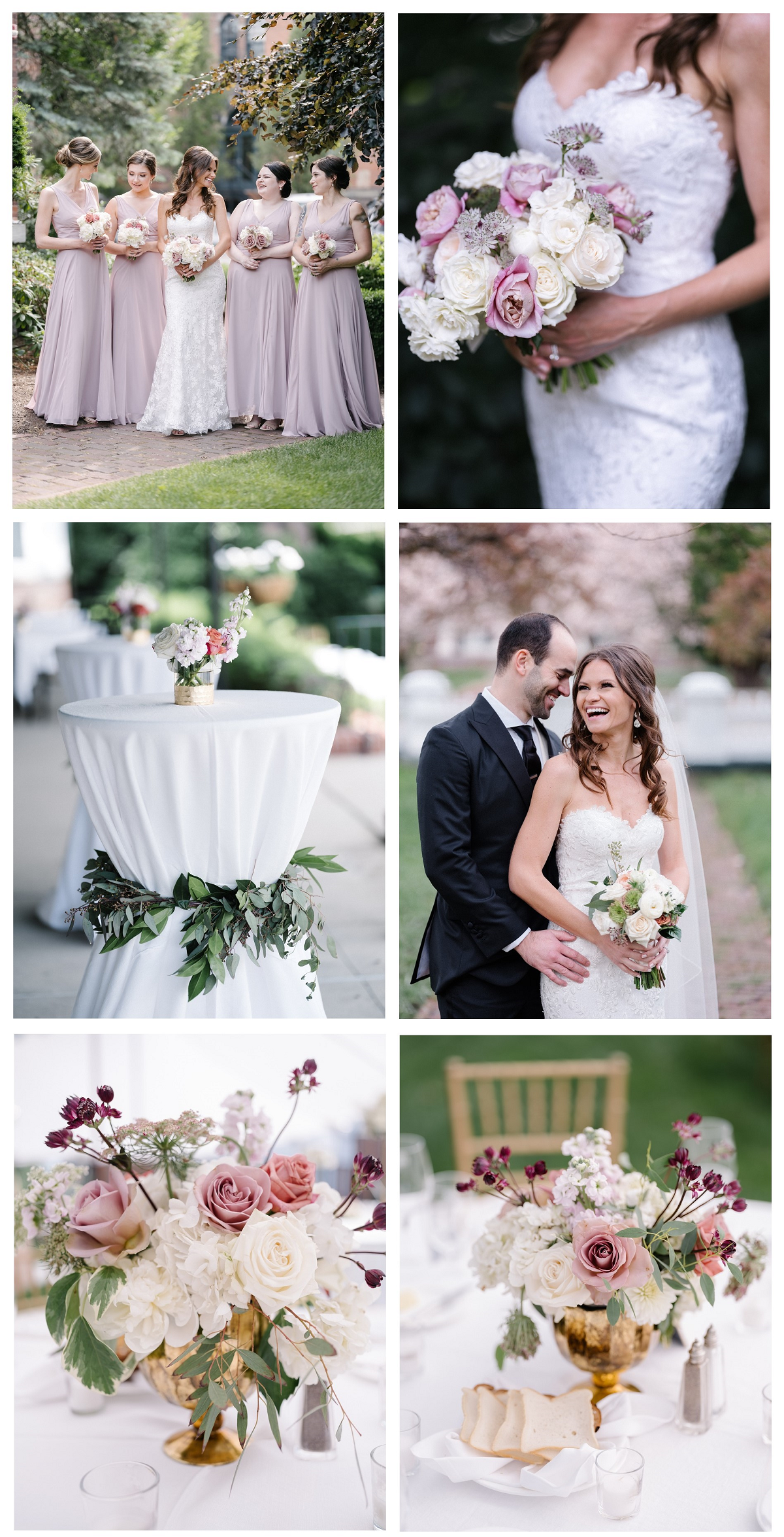 A collage of photos featuring a bridal party in lavender (bride in white). Party is holding floral bouquets of white with lavender accents. Close up on table centerpieces.