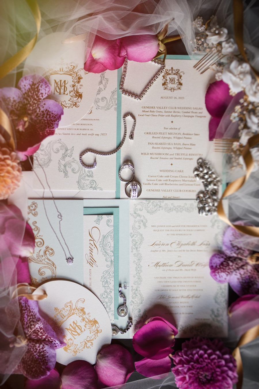 Jewelry and stationary details accented with florals