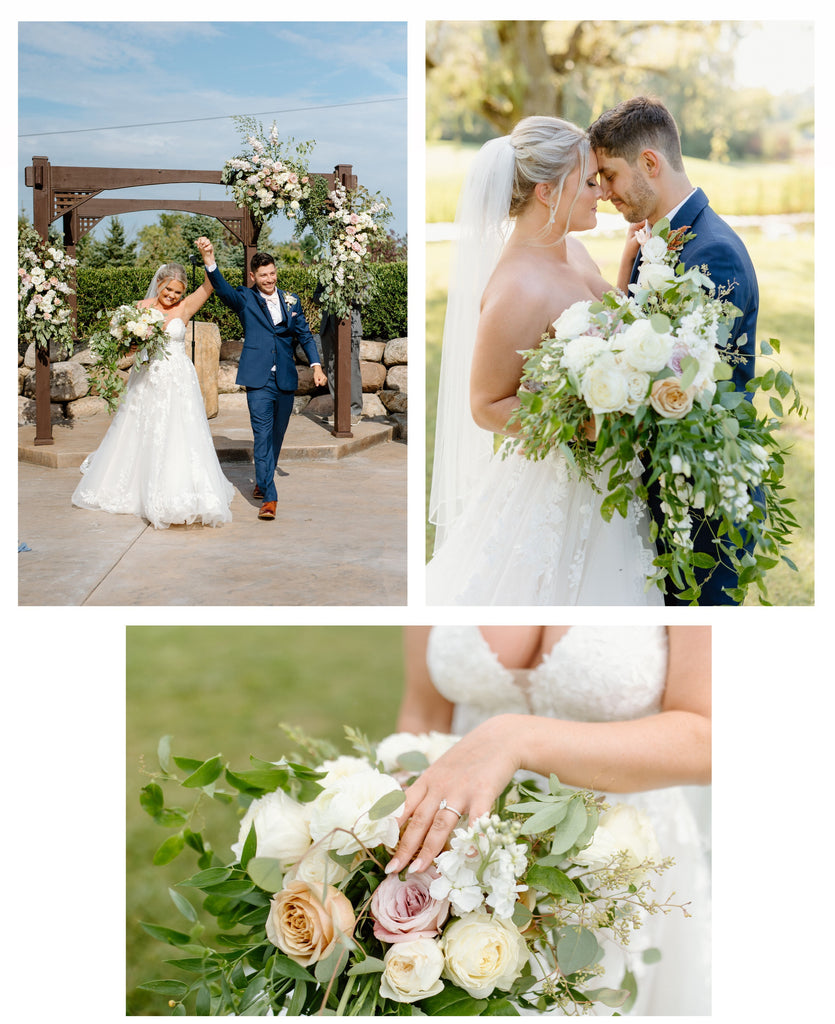 Photos from the Castor wedding with a shot of the pastels bridal bouquet, bride and groom in front of the arbor florals, and a close up on the bridal bouquet w/ the bride's hand displaying her ring.