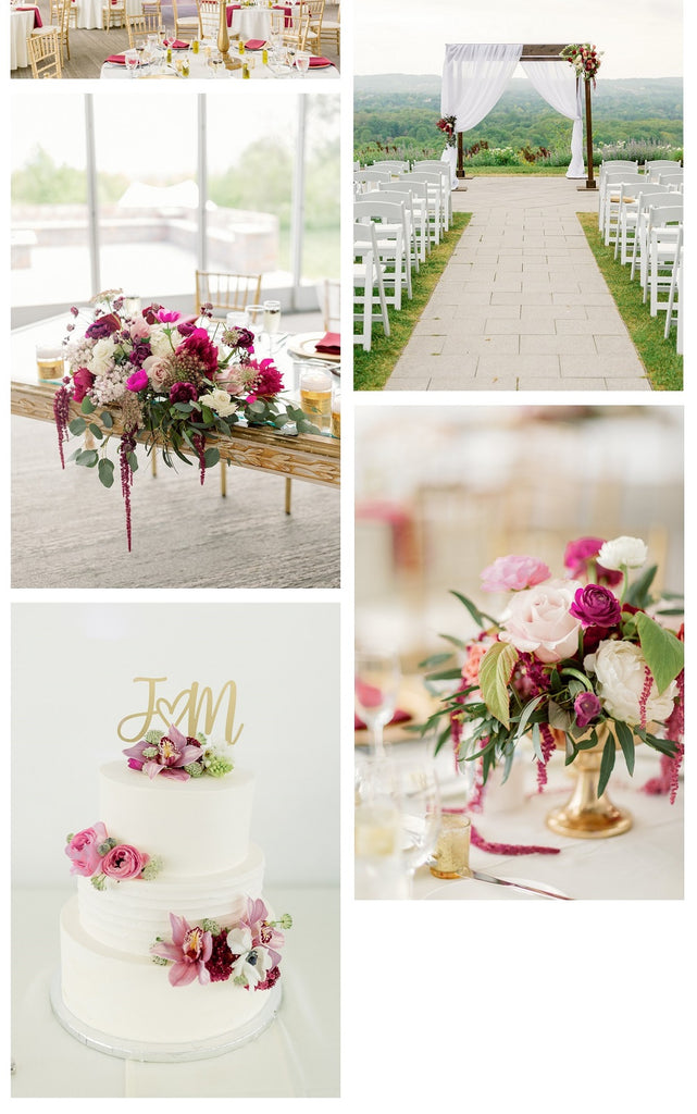 A collage of photos showing floral centerpieces, cake flowers, the sweetheart table, and arch pieces.