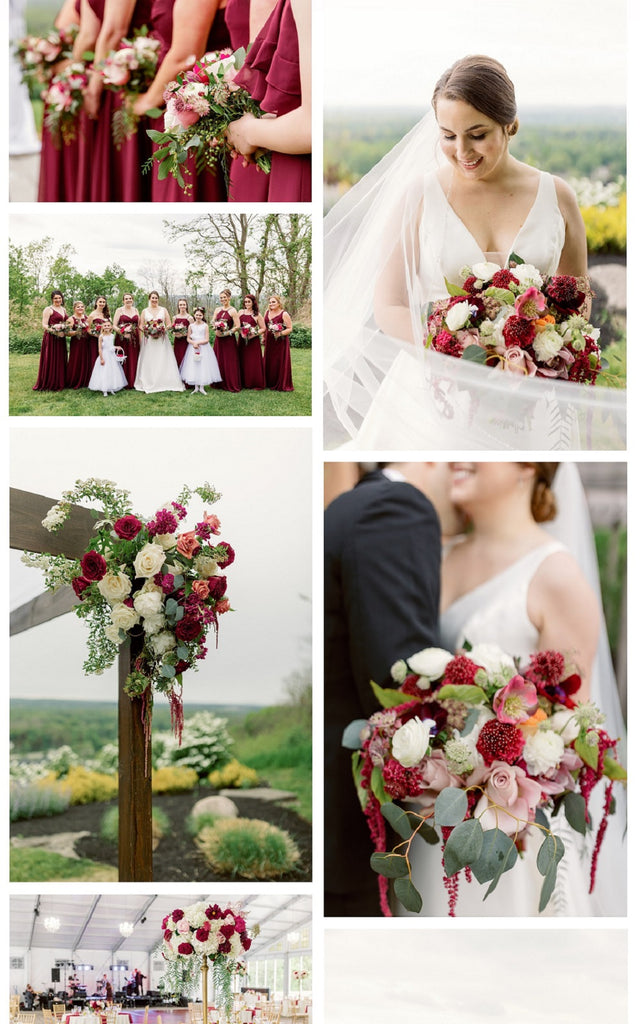 A collage of wedding photos featuring a burgundy/white/pink bridal bouquet,  the bride holding her bouquet, bridesmaids dressed in maroon, a floral arch piece, and table centerpieces.