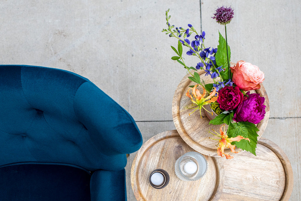 birdseye view of floral arrangement on side table