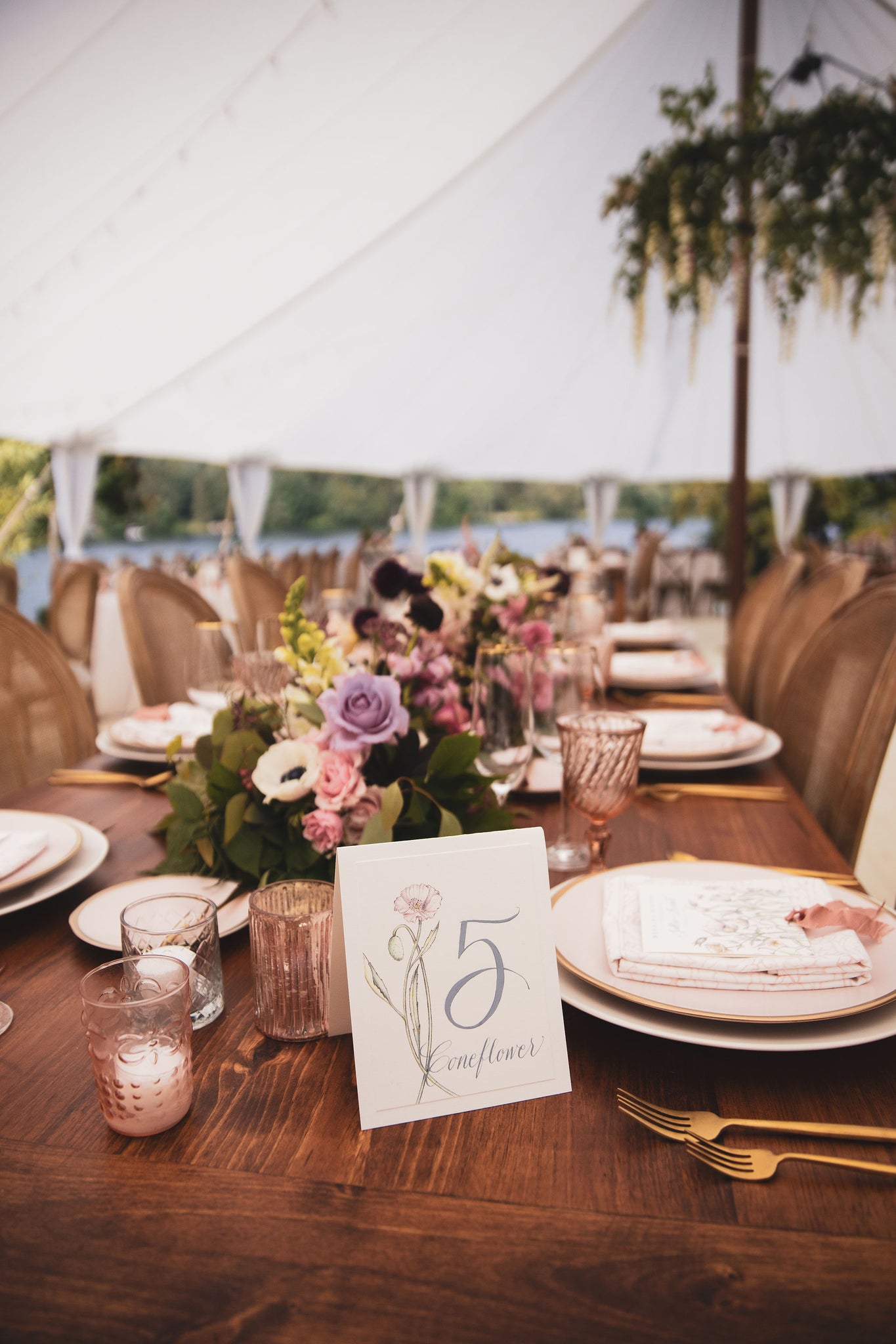 long farm table with multiple centerpieces