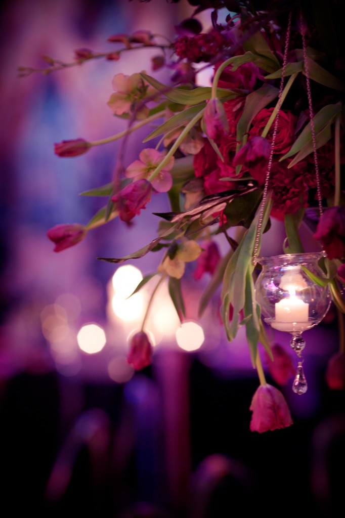 Jewel Tone Wedding Floral and hanging candles | floral by Stacy K Floral | photographed by Tammy Swales Photography | venue at Artisan Works | Jewel Tone Wedding