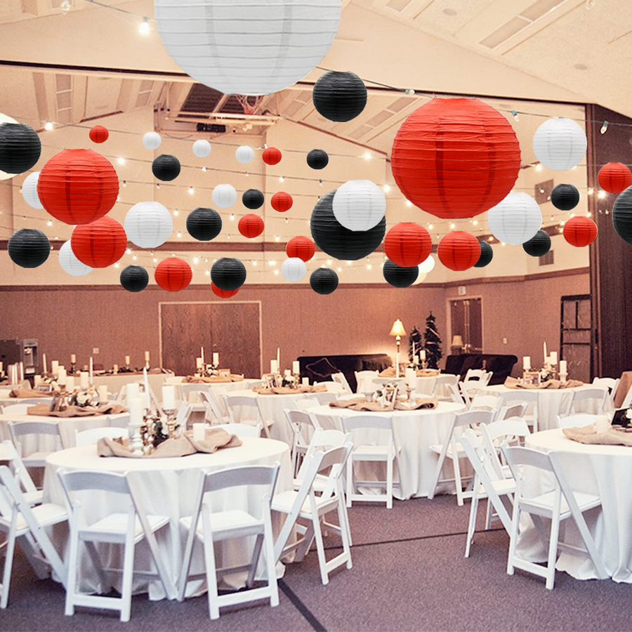 Hanging lanterns of different sizes and colors 