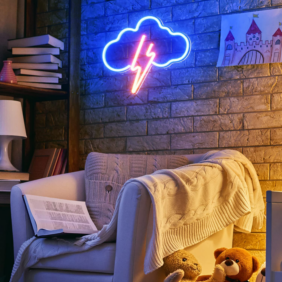 Cloud and lightning strike neon sign