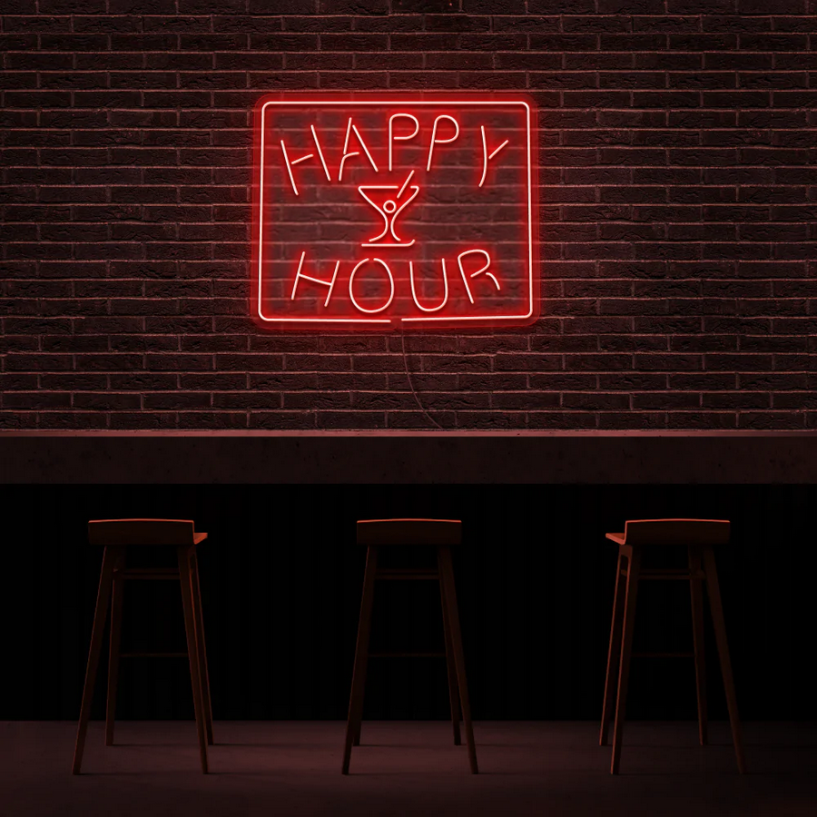 Happy hour bar neon sign with a cocktail glass in the middle