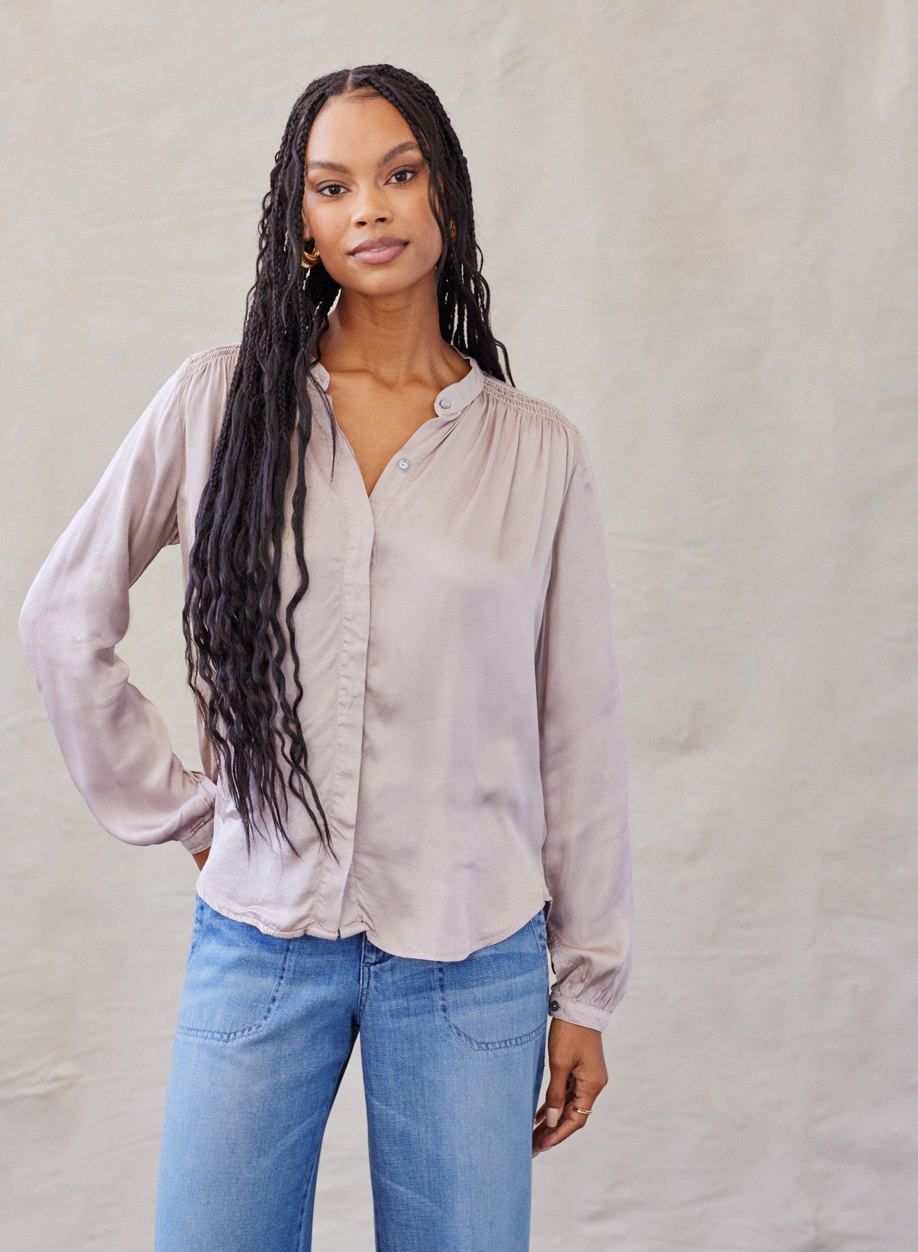 Image of Smocked Button Down Shirt - Golden Oat