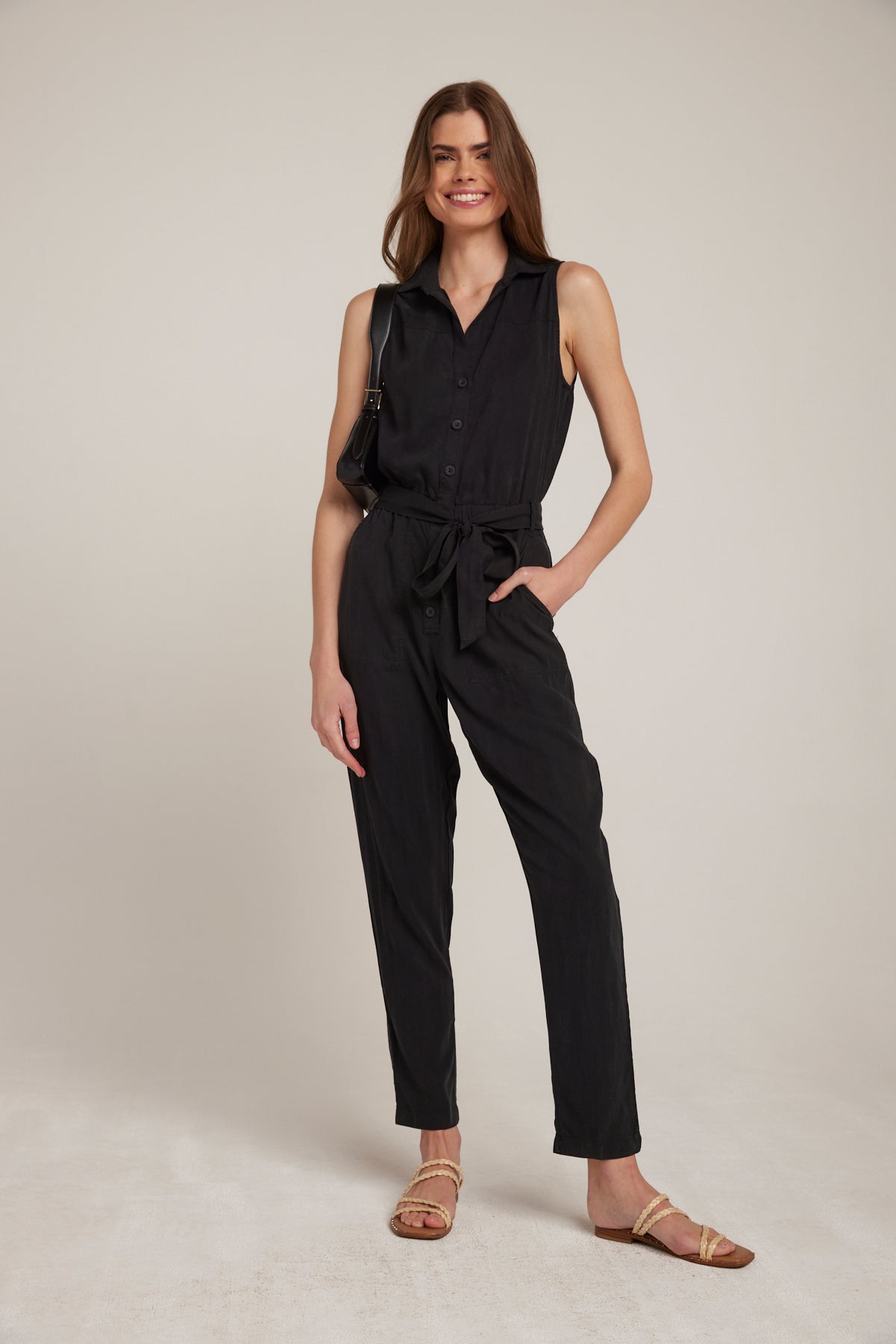 Image of Button Front Belted Tencel Jumpsuit - Vintage Black