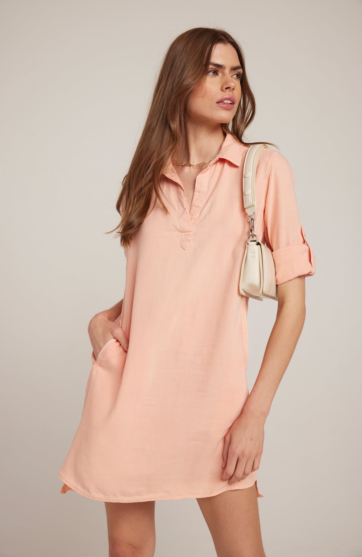 Image of A-Line Rolled Tab Sleeve Dress - Sunset Coral