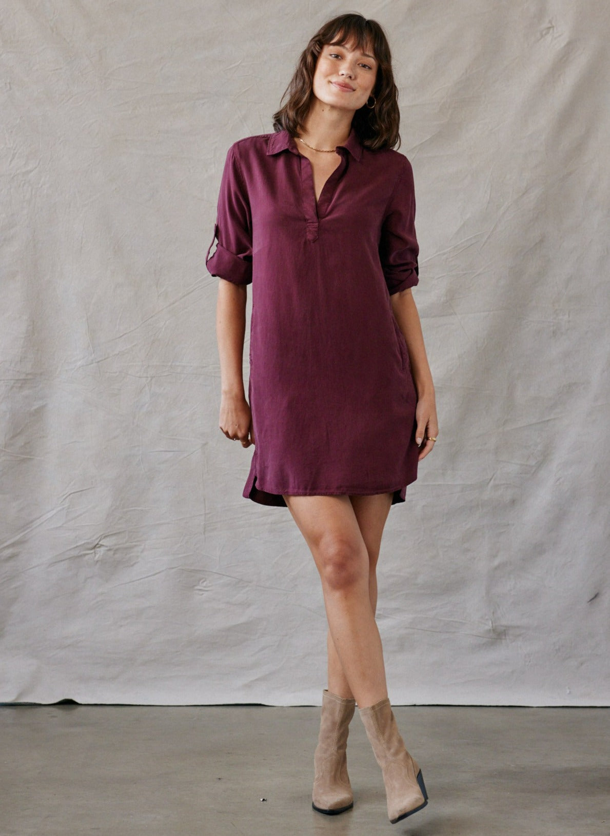 Image of A-Line Rolled Tab Sleeve Dress - Wildberry