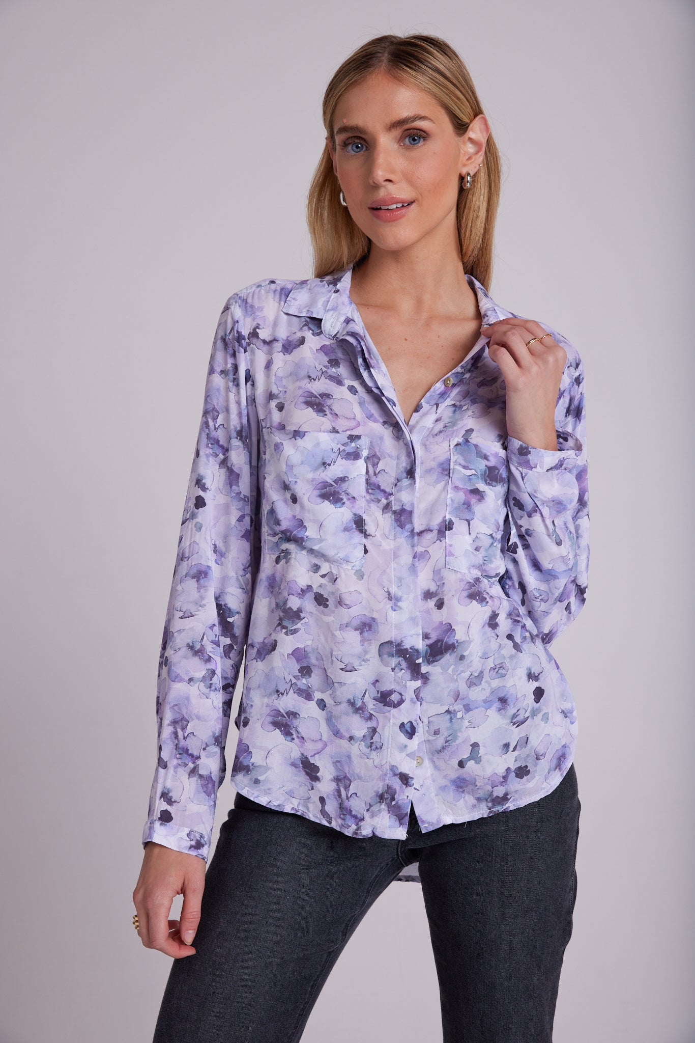 Image of Full Button Down Hipster Shirt - Lilac Floret Print