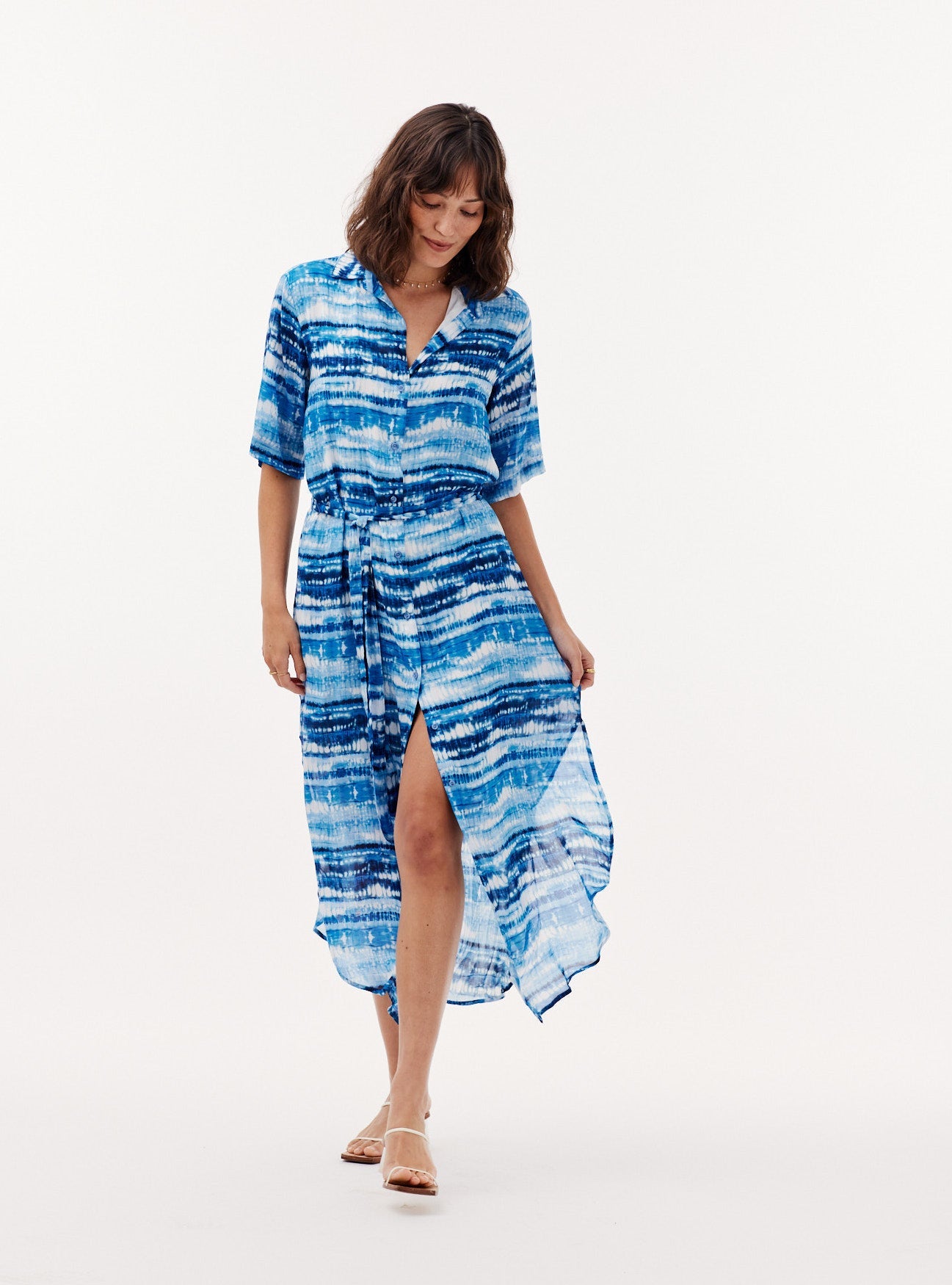 Image of Maxi Tie Dye Print Shirt Dress - Blue Shibori Print