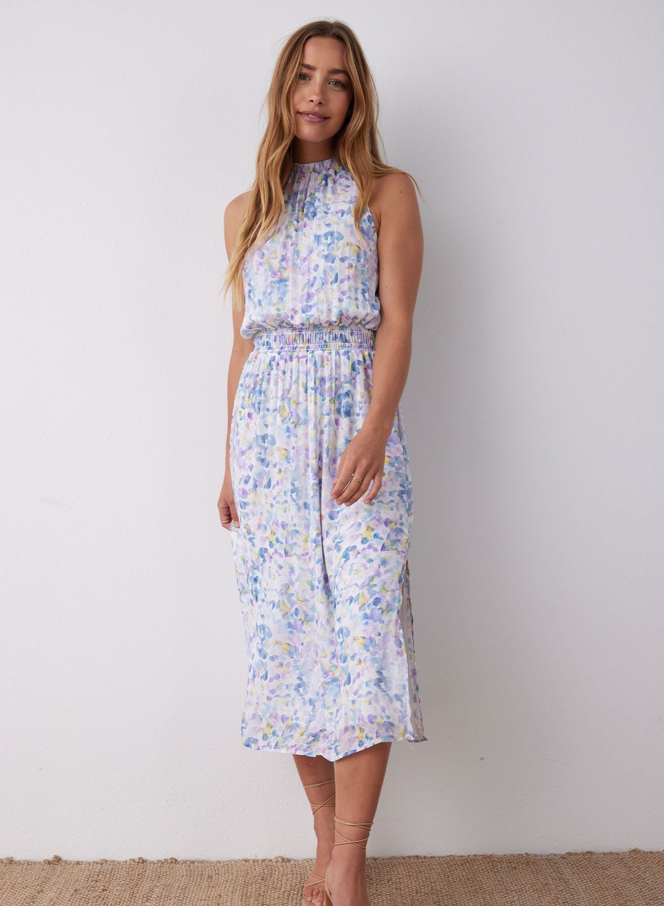 Image of Sleeveless Smocked Waist Midi Dress - Orchid Floral Print