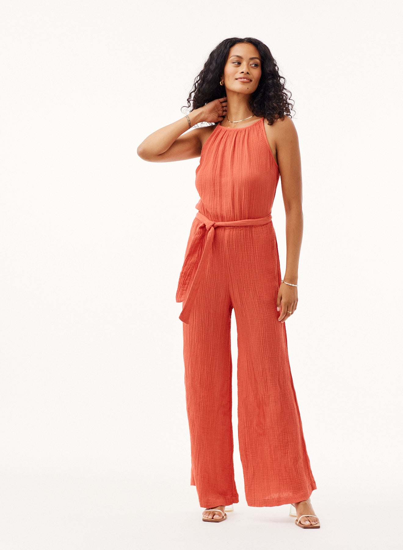 Image of Smocked Back Cami Jumpsuit - Papaya Red