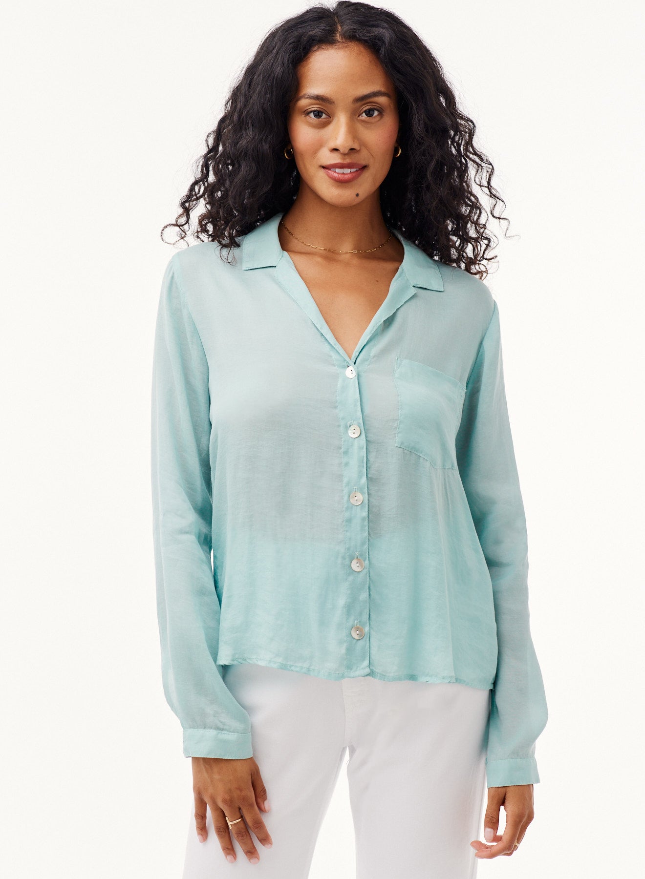 Image of Tencel Pocket Button Down Top - Aegean Teal