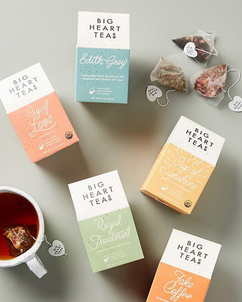 A flatlay of all the different variations of big heart tea