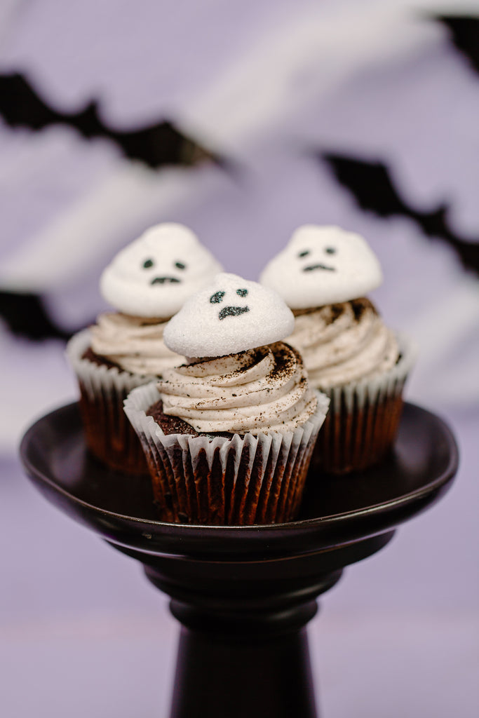 Boo Thang Marshmallow Ghosts on top of cupcakes 