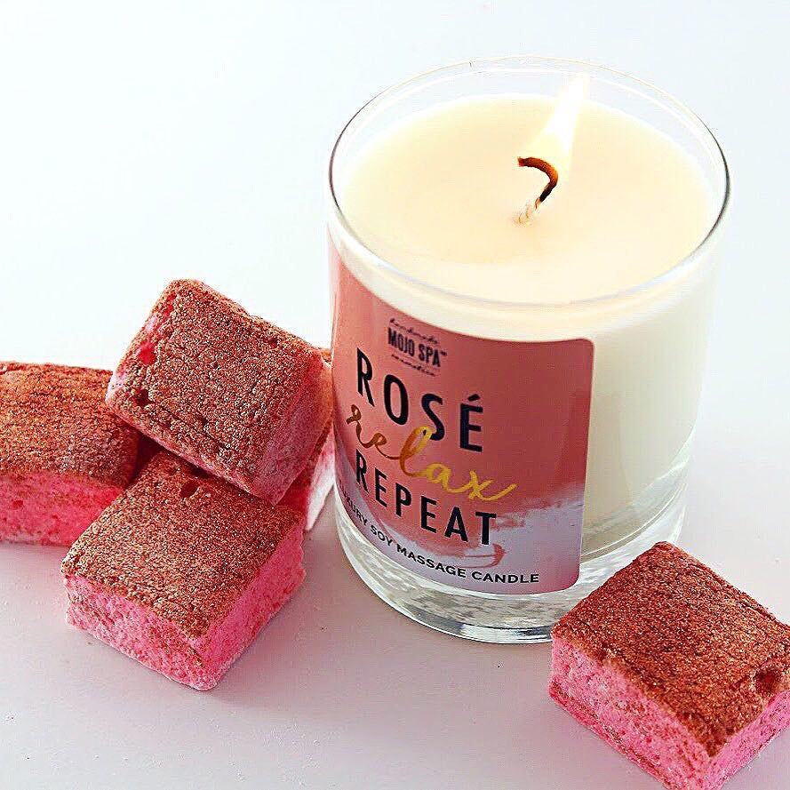 Rose Relax Repeat candle from Mojo Spa and rose gold rosè marshmallows from XO Marshmallow