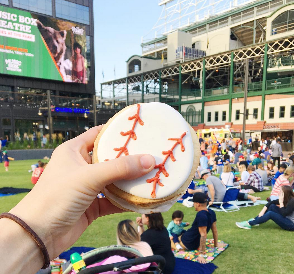 XO Marshmallow made a baseball shaped s'more while watching The Sandlot at Wrigley Field