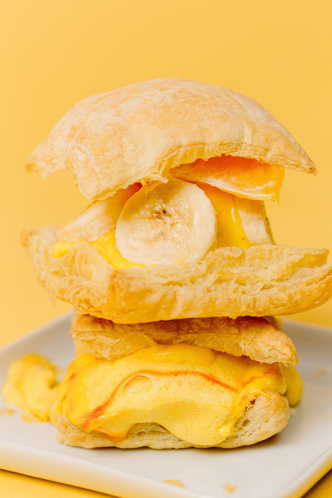 Puff pastry, banana, white chocolate, cream puff filling, passionfruit mallow