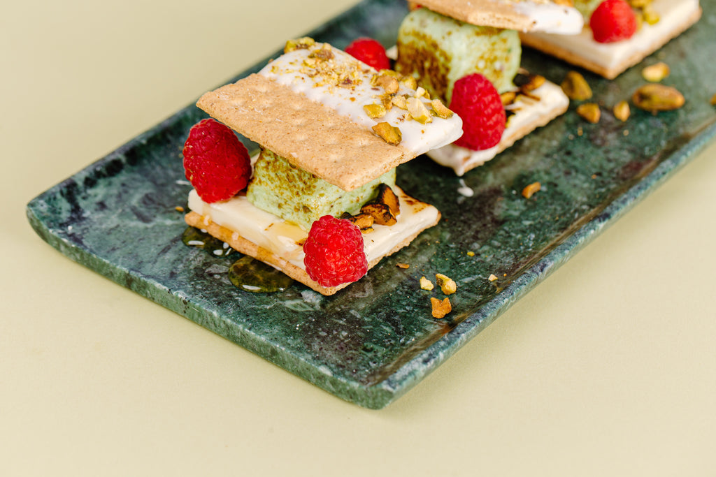 Grahams, pistachio mallow, raspberries, honey