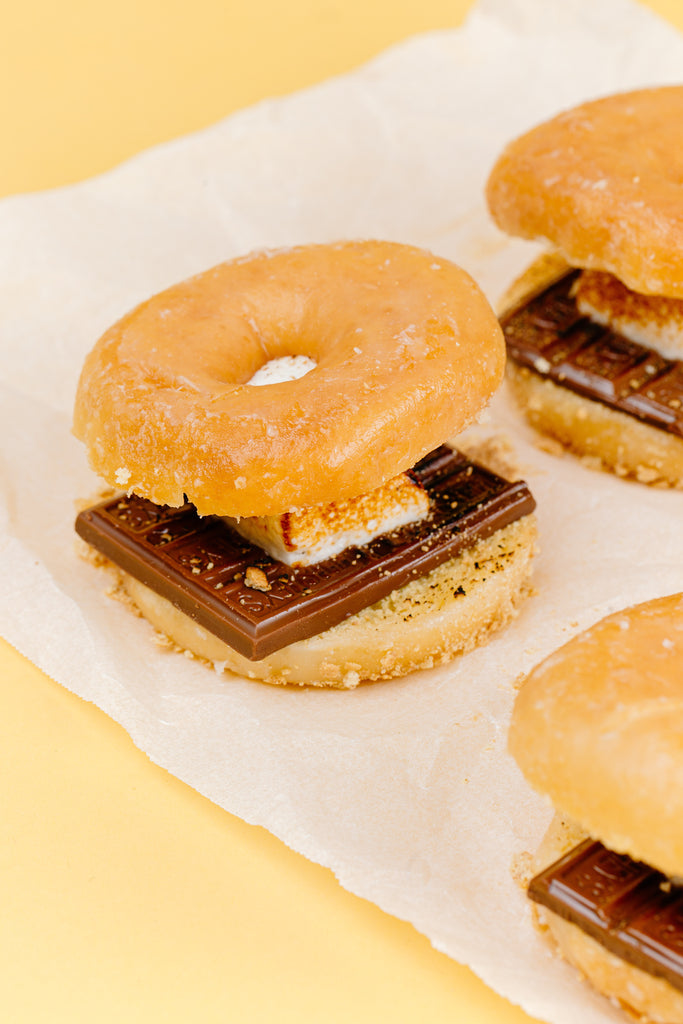 donut as grahams, vanilla mallows, chocolate, crushed graham crackers