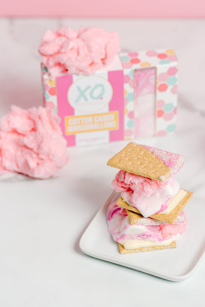 Cotton candy mallows, cotton candy, white chocoalte, dipped grahams