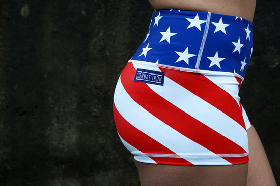 A Lady in Combat Iron Apparel USA Flag Veteran Made best selling workout shorts.