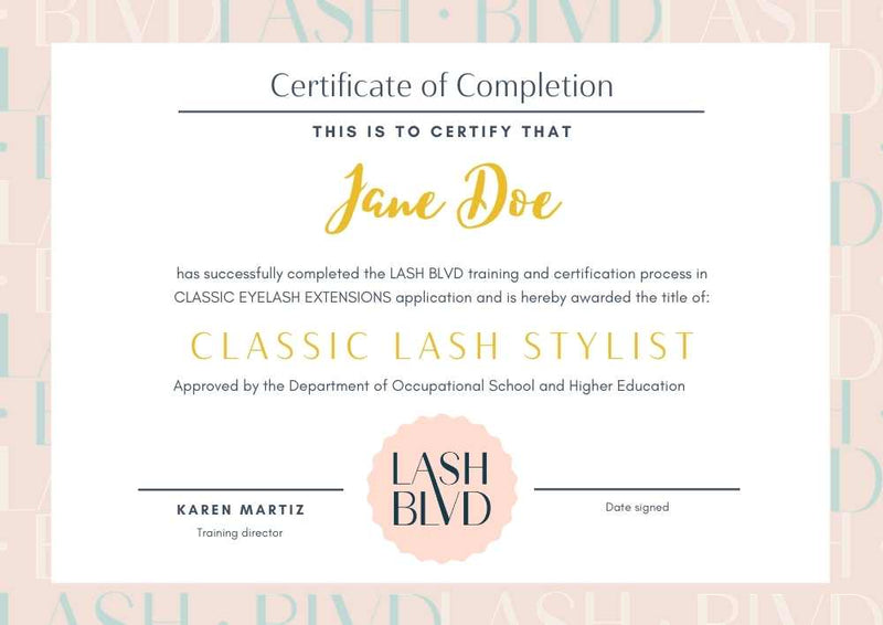 Eyelash Extensions Printed Certification Lash BLVD
