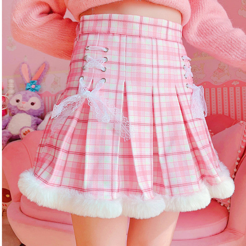 Pink and white plaid pleated skirt YV43619 | Youvimi