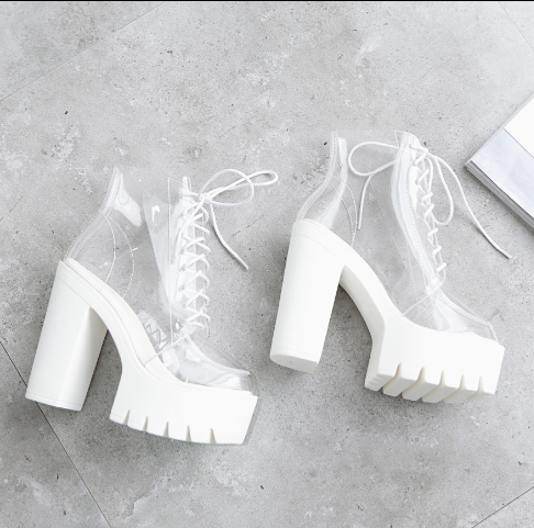 White transparent thick heel boots 