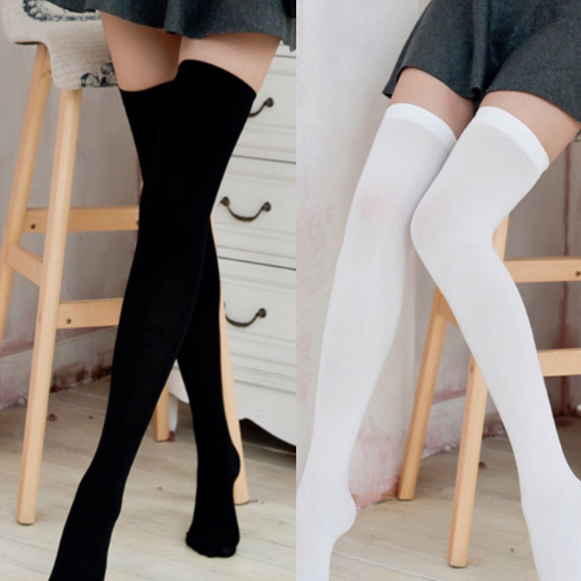 Velvet black and white long non-slip stockings YV2183 | Youvimi