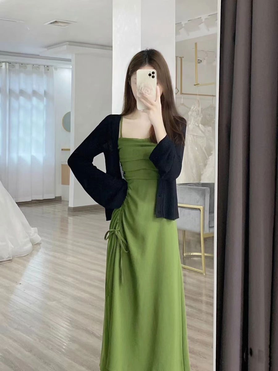 Green Dress + Black Cardigan Set yv31480 – Youvimi