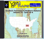 Buy digital map disk YellowMaps U.S. Topo Maps Volume 33 (Zone 16-4) Southern Tennessee & Northern Alabama from Tennessee Maps Store