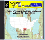 Buy digital map disk YellowMaps U.S. Topo Maps Volume 29 (Zone 15-5) Eastern Texas & Southern Louisiana from Louisiana Maps Store